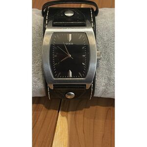 Guess Mens Quartz Watch‎ Black Leather Band Strap Silver Tone